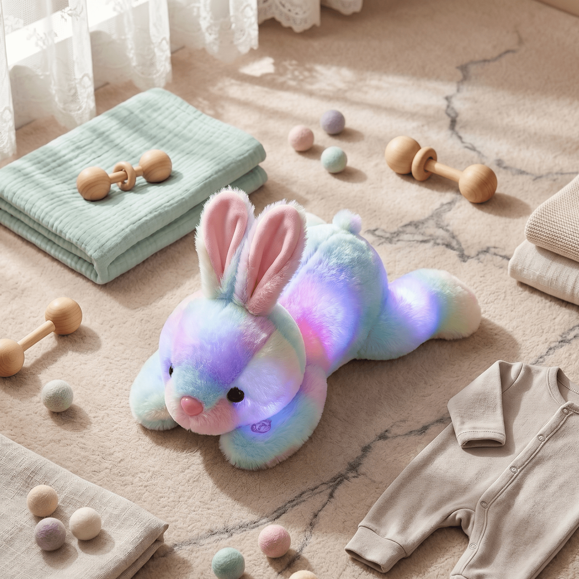 Colorful LED rabbit plush toy on a floor with baby items like clothes and toys.